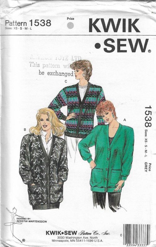 Picture of C332 KWIK*SEW 1538: CARDIGANS WITH KNIT FABRIC SIZE XS-L