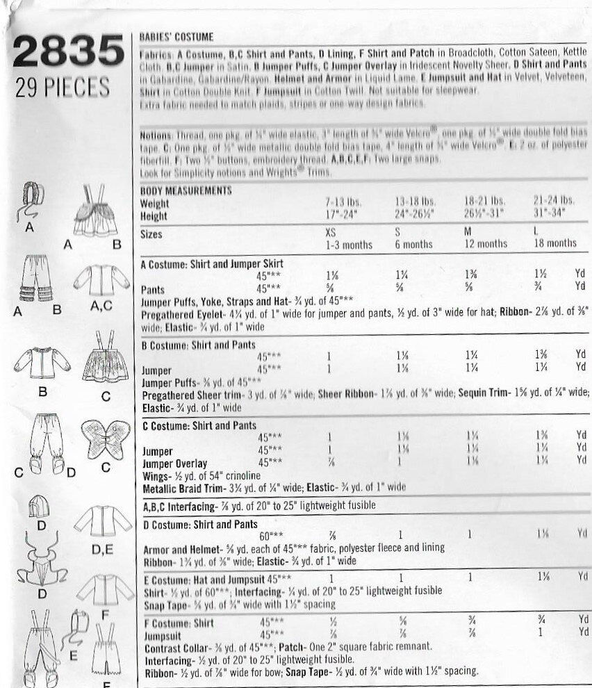 Budget Patterns. B98 SIMPLICITY 2835: COSTUMES 4 BABIES SIZE 1-3M - 18M