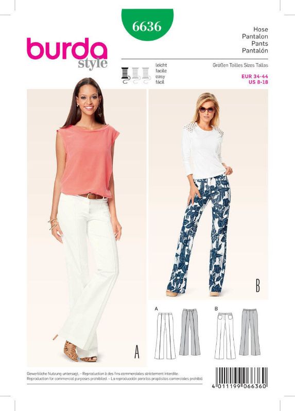 Picture of B142 BURDA 6636: PANTS WITH ZIP & BACK POCKET SIZE 8-18