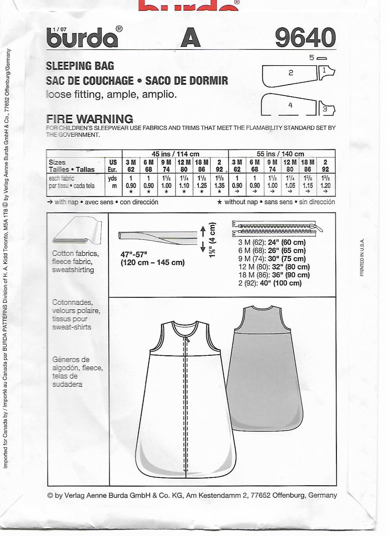 Budget Patterns. 25 BURDA 9640 SLEEPING BAG SIZE 3M2YEARS