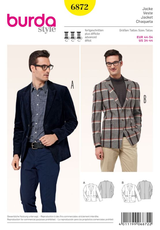 Picture of B191 BURDA 6872: MEN'S JACKET SIZE 34-44 CHEST 
