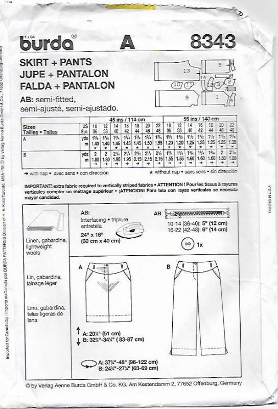Budget Patterns. A51 BURDA 8343: SKIRT & PANTS SIZE 10-22