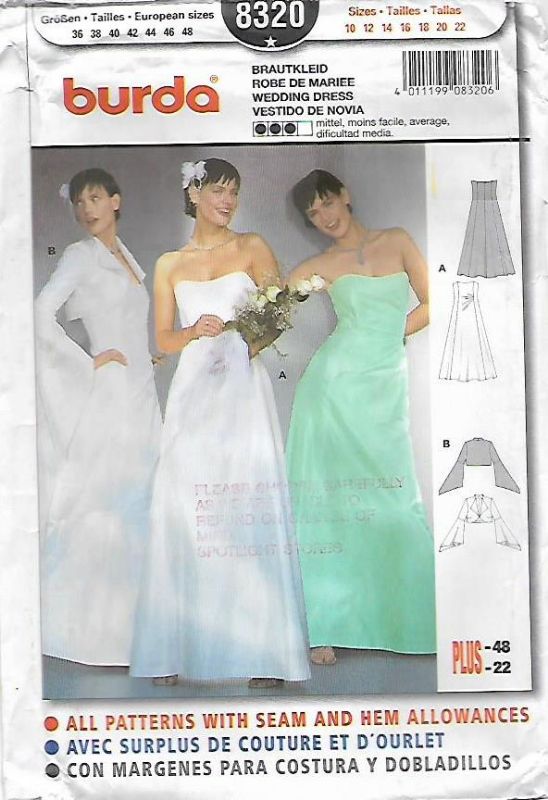 Picture of A3 BURDA 8320: WEDDING OR  EVENING DRESS SIZE 10-22