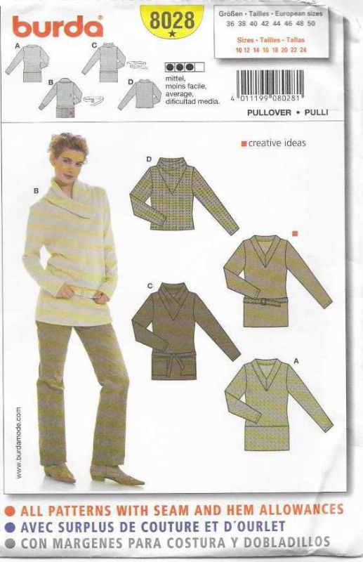 Picture of C108 BURDA 8028: PULLOVER TOP SIZE 10-24