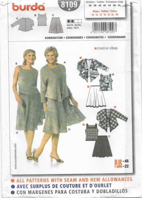 Picture of B165 BURDA 8109: JACKET, TOP & SKIRT SIZE 10-22