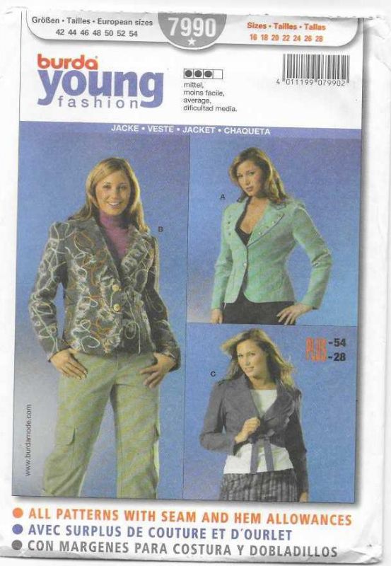 Picture of A43  BURDA 7990: (YOUNG FASHION) JACKET SIZE 16-28