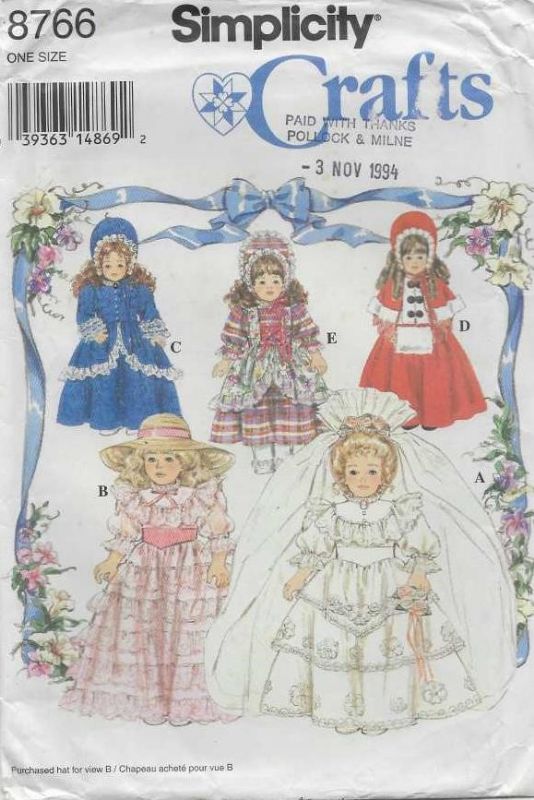 Picture of A46 SIMPLICITY 8766: DOLL CLOTHES COLLECTOR DOLLS SIZE 16"- 18"