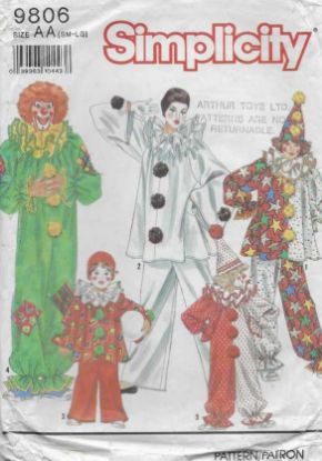 Picture of C324 SIMPLICITY 9806: CLOWN COSTUMES AND HAT FOR ADULTS SIZE S-L