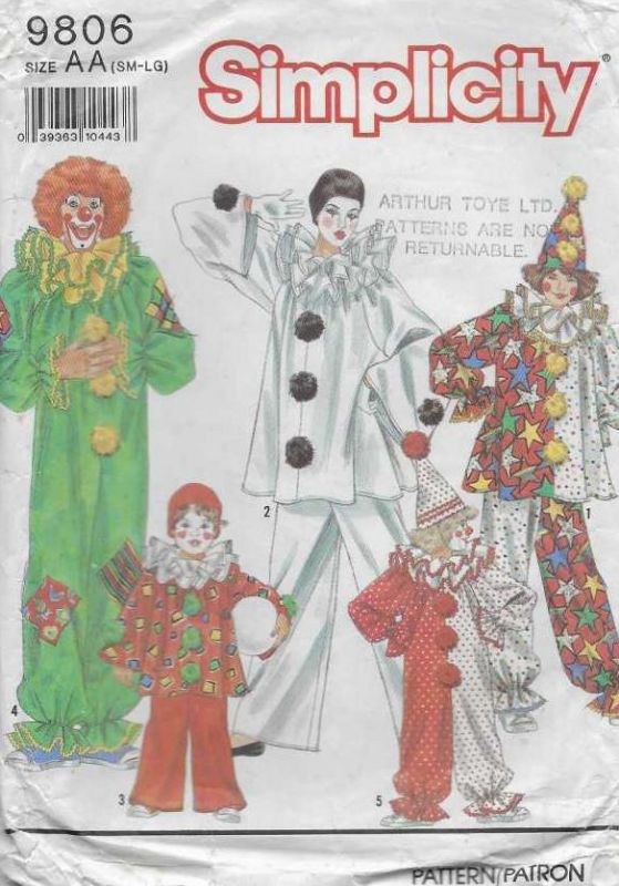 Picture of C324 SIMPLICITY 9806: CLOWN COSTUMES AND HAT FOR ADULTS SIZE S-L